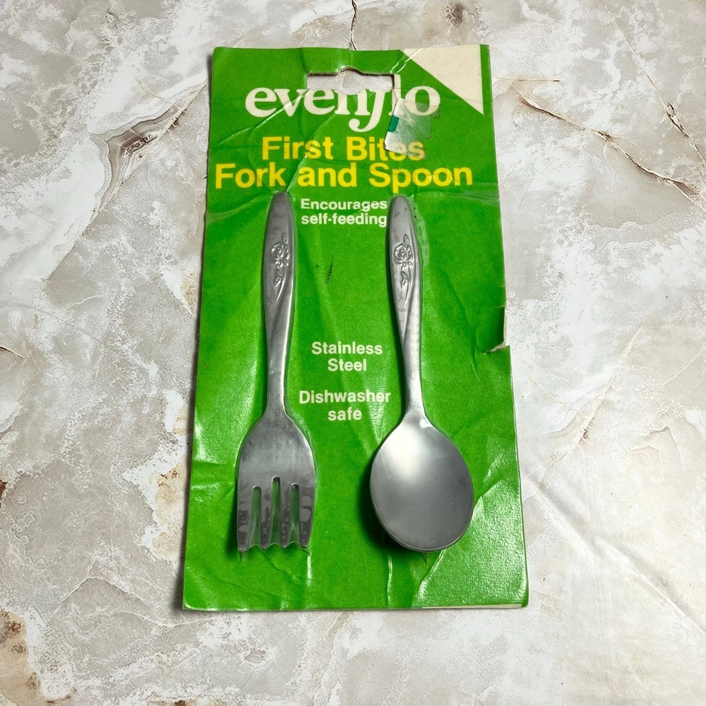 VTG Evenflo First Bites baby fork & spoon set‎ stainless steel rose design NEW